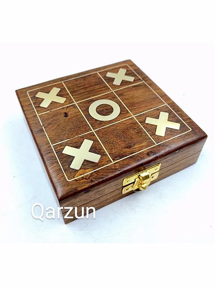 Wooden Tic Tac Toe Board Game Handmade Pure Rosewood Brass Work Noughts and Crosses Tic Tac Toe Board Wooden Zero Kata Game (Brown 1), Kids-2