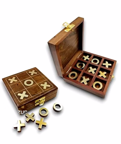 Wooden Tic Tac Toe Board Game Handmade Pure Rosewood Brass Work Noughts and Crosses Tic Tac Toe Board Wooden Zero Kata Game (Brown 1), Kids image 4