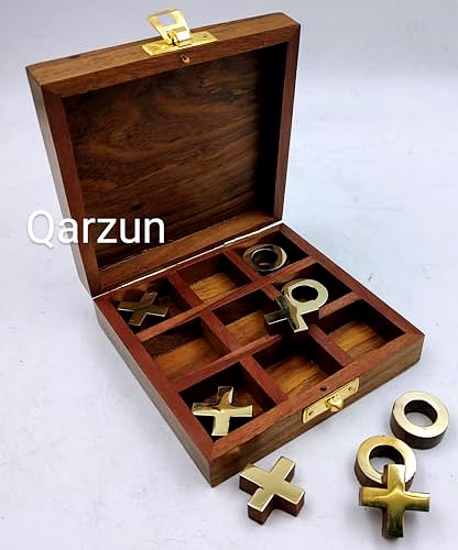 Wooden Tic Tac Toe Board Game Handmade Pure Rosewood Brass Work Noughts and Crosses Tic Tac Toe Board Wooden Zero Kata Game (Brown 1), Kids image 5