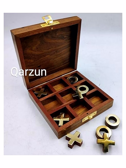 Wooden Tic Tac Toe Board Game Handmade Pure Rosewood Brass Work Noughts and Crosses Tic Tac Toe Board Wooden Zero Kata Game (Brown 1), Kids-4