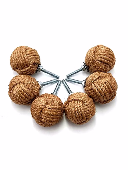 Set of 6 Jute Rope Knot Door Knobs/Drawer Pulls and Push Handle/Knobs for Cabinets/Wardrobes/Nautical Hardware Decor, 32 mm