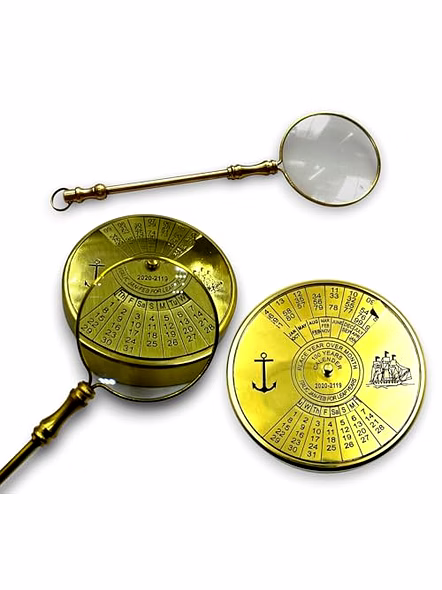 Set of Brass Magnifier with Calendar Collectible 100Yrs Paper Weight Table Decor Gift-Qarzun1152
