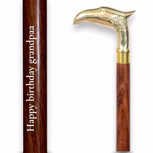 qarzun engraved name wood walking stick cane handmade brass handle eagle brown wooden vintage style decorative walking for men & women | collectible gentleman’s cane