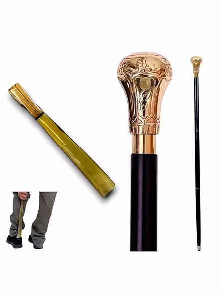 Brass Knob Style Handle Walking Cane Wooden Walking Stick Handmade with Long Shoe Horn Best Gift for Grandfather-Qarzun1163