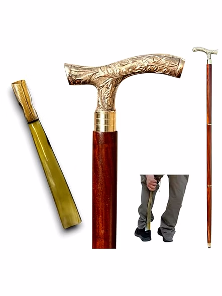 Derby Style Canes and Walking Sticks Brass Handle with Shoe Horn Affordable Gift Wooden Decorative Walking Cane Fashion Statement for Men/Women/Seniors-3
