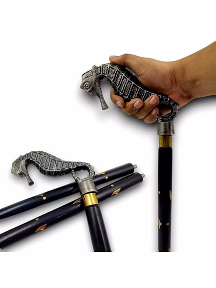 Antique Finish Seahorse Handle Black Wood Walking Stick Cane 3 fold Open Nautical Vintage Style