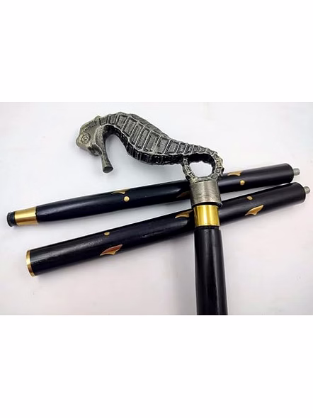 Antique Finish Seahorse Handle Black Wood Walking Stick Cane 3 fold Open Nautical Vintage Style