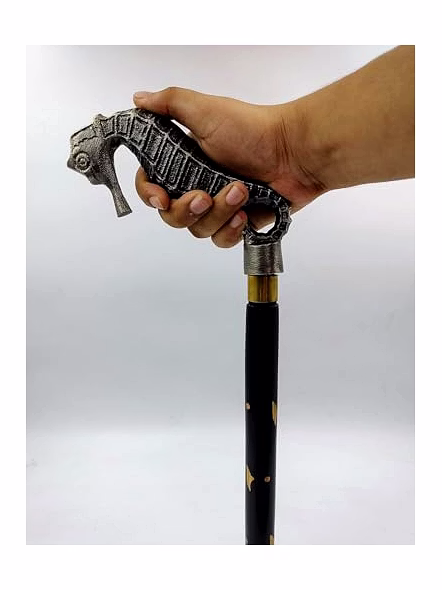 Antique Finish Seahorse Handle Black Wood Walking Stick Cane 3 fold Open Nautical Vintage Style-2