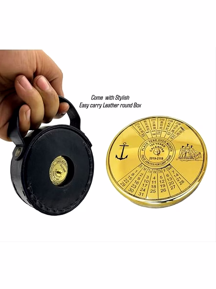 Shiny Finish Brass 100 yrs Calendar Paper Weight with Leather Black Box Maritime Gift Item-Qarzun1167