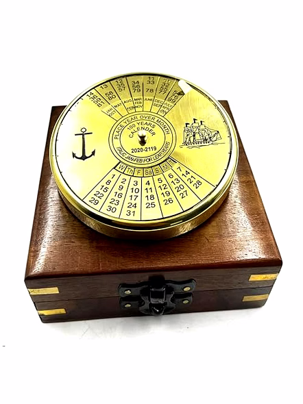 Shiny Finish Brass Calendar Paper Weight with wood box Maritime Gift Item-Qarzun1168