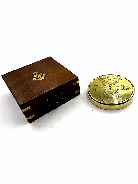 Shiny Finish Brass Calendar Paper Weight with wood box Maritime Gift Item-1