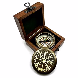 qarzun viking engraved lid pocket round compass brass nautical with wood box birthday gift for your lovedones