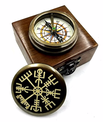 Viking Engraved Lid Pocket Round Compass Brass Nautical with Wood Box Birthday Gift for Your lovedones image 2