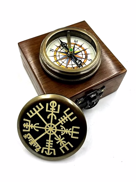 Viking Engraved Lid Pocket Round Compass Brass Nautical with Wood Box Birthday Gift for Your lovedones-1