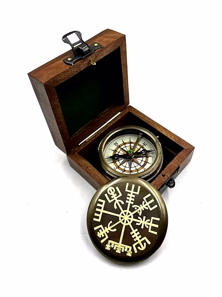 Viking Engraved Lid Pocket Round Compass Brass Nautical with Wood Box Birthday Gift for Your lovedones-3