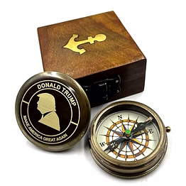 qarzun donald trump engraved lid pocket round compass brass nautical with wood box birthday gift for your lovedones