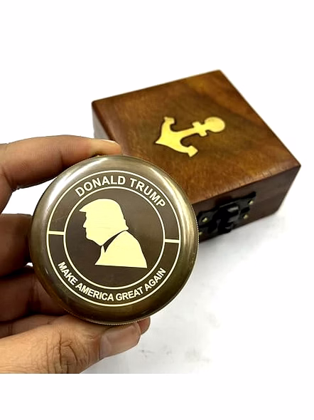 Donald Trump Engraved Lid Pocket Round Compass Brass Nautical with Wood Box Birthday Gift for Your lovedones-4