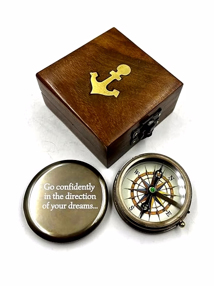 Personalized Pocket Round Compass Brass Nautical with Wood Box Birthday Gift for Your lovedones-1
