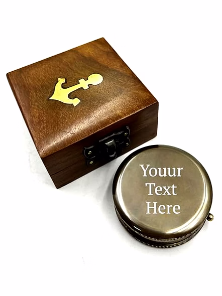 Personalized Pocket Round Compass Brass Nautical with Wood Box Birthday Gift for Your lovedones-3