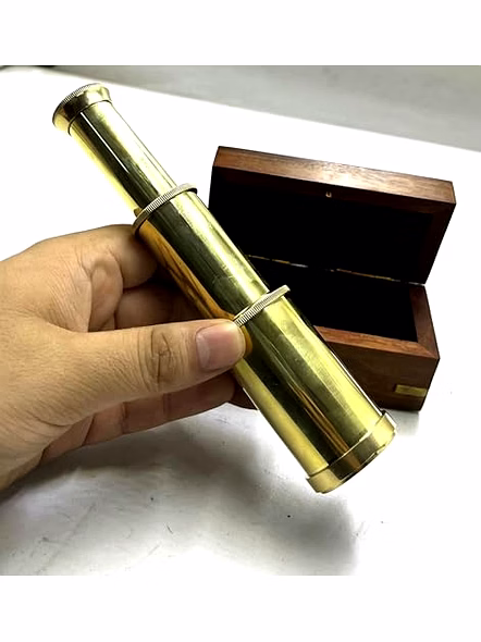 Brass Mini Telescope with Personalized Text Engraved Gift for Men Handheld Brass Binoculars 6" with Wooden Box - Pirate Navigation-1