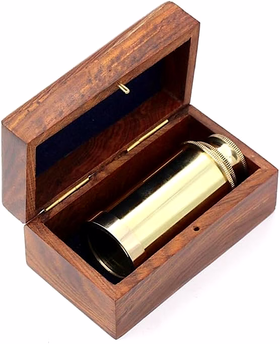 Brass Mini Telescope with Personalized Text Engraved Gift for Men Handheld Brass Binoculars 6" with Wooden Box - Pirate Navigation image 5