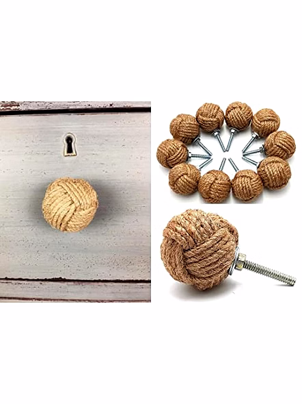 Set of 10 Jute Rope Knot Door Knobs/Drawer Pulls and Push Handle/Knobs for Cabinets/Wardrobes/Nautical Hardware Decor, 32 mm