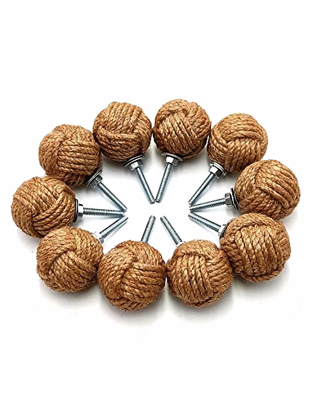 Set of 10 Jute Rope Knot Door Knobs/Drawer Pulls and Push Handle/Knobs for Cabinets/Wardrobes/Nautical Hardware Decor, 32 mm