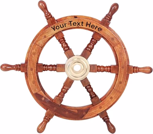 qarzun nautical handcrafted wooden ship wheel with engraved name - home wall decor (18 inches, natural wood)