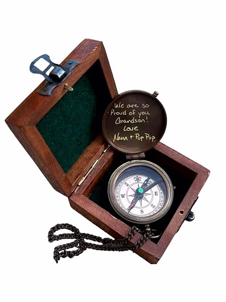 Personalized Brown Pocket Compass Chain with Wood Box Brass Nautical Birthday Gift for Your lovedones-Qarzun1181