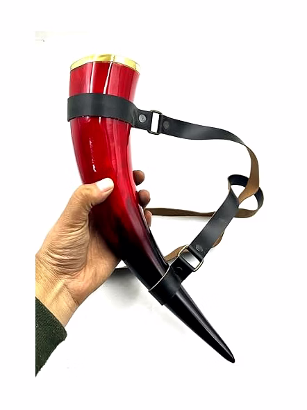 Red Horn Mug, Beer Mug, Bar, Groomsmen Gift, Groomsman, Best Man, Game of Thrones (Horn Mug with Leather Belt)-2
