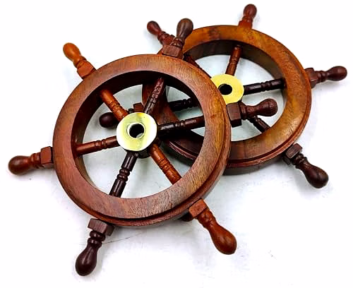 Qarzun MIni Ship Wheel Wood Ship Wheel Brass Ring Rosewood Ship Wheel Home Decor,Wall decor Ship Wheel Nautical Ship Wheel Gift Item 6 inch image 2