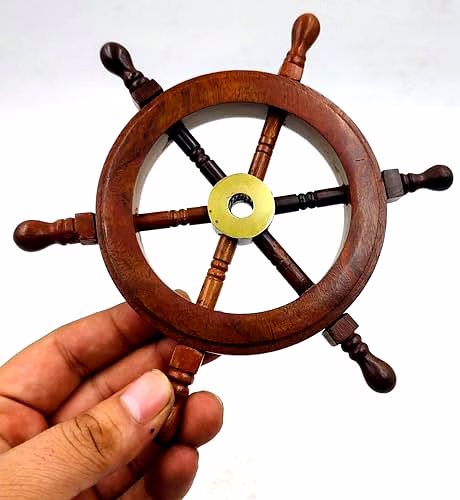 Qarzun MIni Ship Wheel Wood Ship Wheel Brass Ring Rosewood Ship Wheel Home Decor,Wall decor Ship Wheel Nautical Ship Wheel Gift Item 6 inch image 4