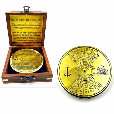 qarzun shiny finish brass 100 yrs calendar paper weight with wood box maritime gift item