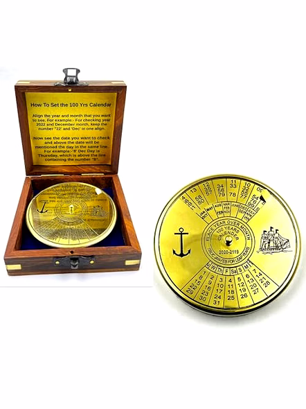 Shiny Finish Brass 100 yrs Calendar Paper Weight with wood box Maritime Gift Item-Qarzun1188