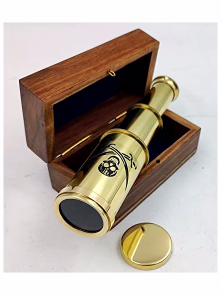 6" Handheld Brass Pirates Telescope with Wooden Box and Antique Map - Pirate Navigation-Qarzun1198