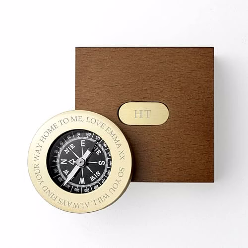 qarzun personalised brass travellers compass with wooden box - travel - keepsake - father's day- birthday gift for him -compass