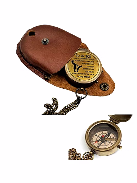 Antique Nautical Vintage Directional Magnetic Compass with Famous Scripture Quote Engraved Baptism Gifts with Leather Case for Loved Ones, Son, Father, Love (to My Son)-Qarzun1202