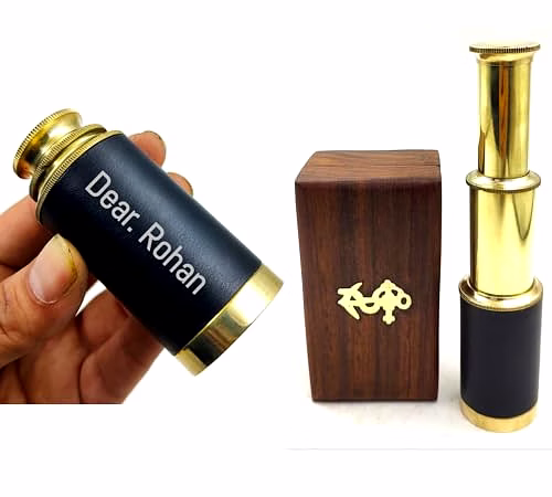 qarzun 6" perosnalized text handheld brass telescope with wooden box - pirate navigation