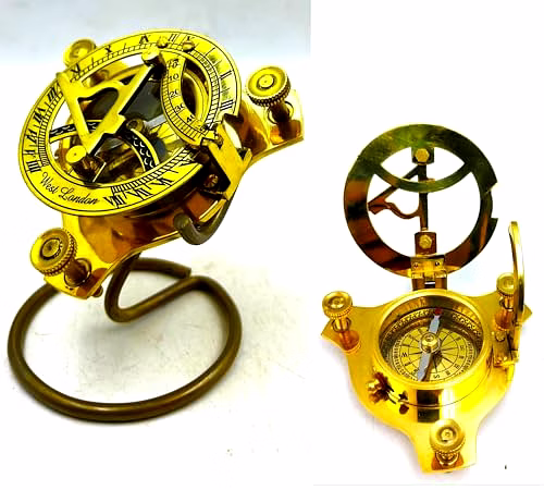 qarzun sundial compass for hiking, 3 inches nautical compass for outdoor, pocket compass for hiking, with display stand camping maritime vintage brass sundial compass
