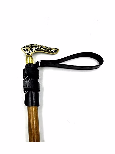 Brass Royal Grip Style Handle Wood Walking Stick Cane with Leather Writs Cord-1