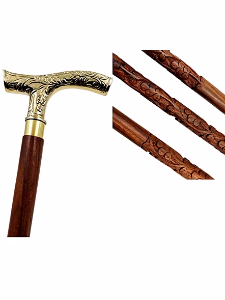 Brass Royal Handle Royal Special Carving Design Wood Walking Stick Cane 3 fold Open Nautical Vintage Style
