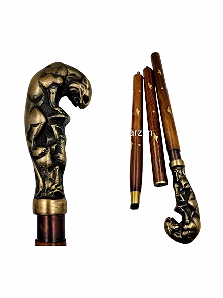 Antique Finish Jaguar Handle Wood Walking Stick Cane 3 fold Open Nautical Vintage Style-Qarzun1221