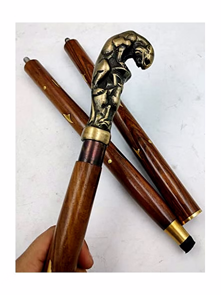 Antique Finish Jaguar Handle Wood Walking Stick Cane 3 fold Open Nautical Vintage Style-2