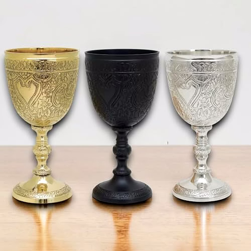 Set of 3 Brass Goblet Black Gold Silver Embossed Design,Premium Goblet Champagne Flutes Coupes Wine Drinking Glass,Tumbler Cups for Water image 4