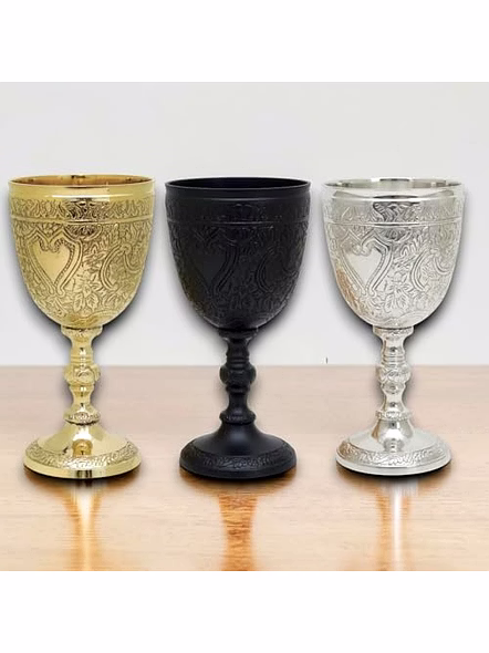 Set of 3 Brass Goblet Black Gold Silver Embossed Design,Premium Goblet Champagne Flutes Coupes Wine Drinking Glass,Tumbler Cups for Water-3