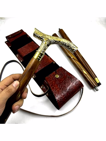 Brass Victorian Style Handle Wood Walking Stick Cane with Leather Cover-1