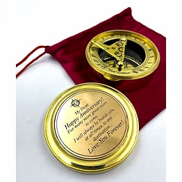 qarzun anniversary sundial compass gift for him or her - unique gift ideas for husband or wife, men wedding anniversary 50th 40th 25th 20th year celebration, velvet pouch included - brass gold color