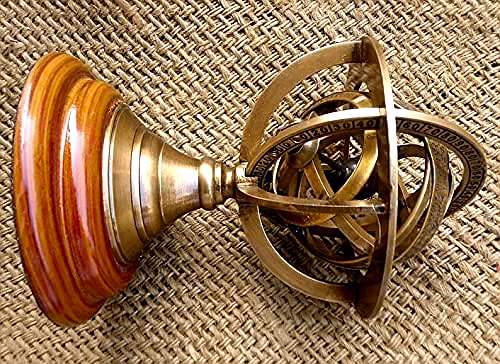 Ascent Gifts Brass Made Antique Finish Armillary Globe Zodiac Signs Wood Base Desktop Decorative image 1