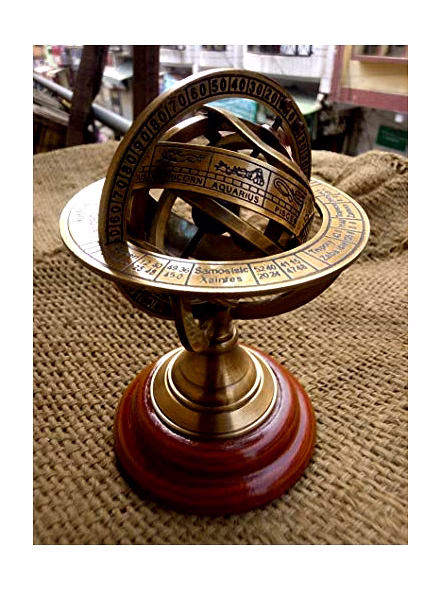 Ascent Gifts Brass Made Antique Finish Armillary Globe Zodiac Signs Wood Base Desktop Decorative-2