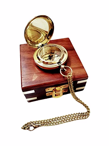 Ascent Gifts Brass Push Button Lid Compass Chain with Wooden Box Collectible Gift-Qarzun1235